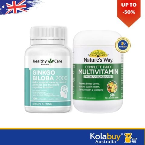 Combo toàn diện bổ não và vitamin tổng hợp của Úc Ginkgo Healthy Care 2000mg và Tảo Nature’s Way