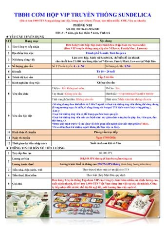 ĐƠN HÀNG MỚI CẦN 8 NỮ CƠM HỘP VIP thi tuyển ngày 07/09/2026