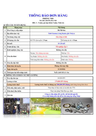 ĐƠN HÀNG MỚI CẦN 4 NAM GIA CÔNG CƠ KHÍ thi tuyển ngày 21/10/2026