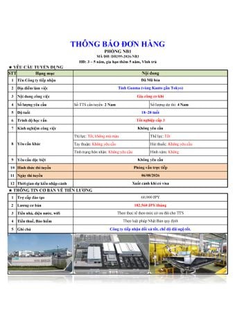 ĐƠN HÀNG MỚI CẦN 4 NAM GIA CÔNG CƠ KHÍ thi tuyển ngày 26/08/2026