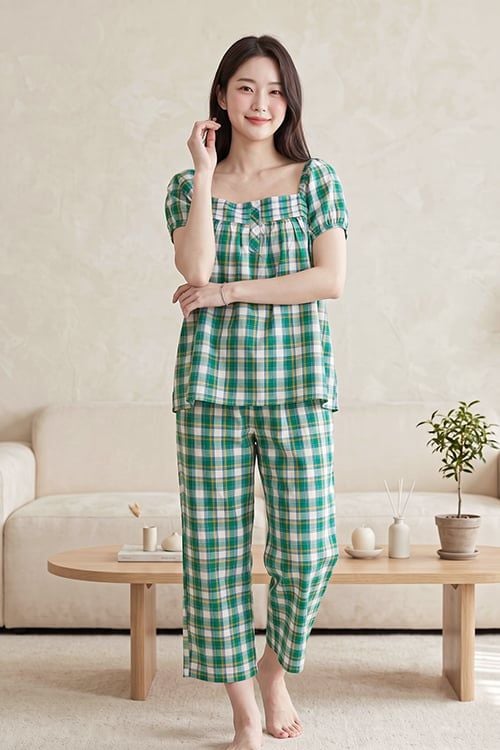  BKL110W41-BỘ KATE LỬNG CAO CẤP MỀM MỊN, THOÁNG MÁT  VỚI HỌA TIẾT CARO XANH LÁ NĂNG ĐỘNG VÀ TRẺ TRUNG 