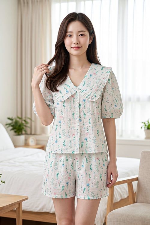  BSK01S6K12-BỘ SHORT KATE VỚI THIẾT KẾ CỔ LÁ SEN PHỐI BÈO TINH TẾ MANG  ĐẾN SỰ DUYÊN DÁNG VÀ TRẺ TRUNG,TẠO CẢM GIÁC THOẢI MÁI KHI MẶC 
