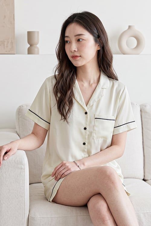  BSS02S5S57-BỘ SHORT SATIN VỚI THIẾT KẾ CỔ PIJAMA MANG PHONG CÁCH NHẸ NHÀNG VÀ THOẢI MÁI KHI MẶC 