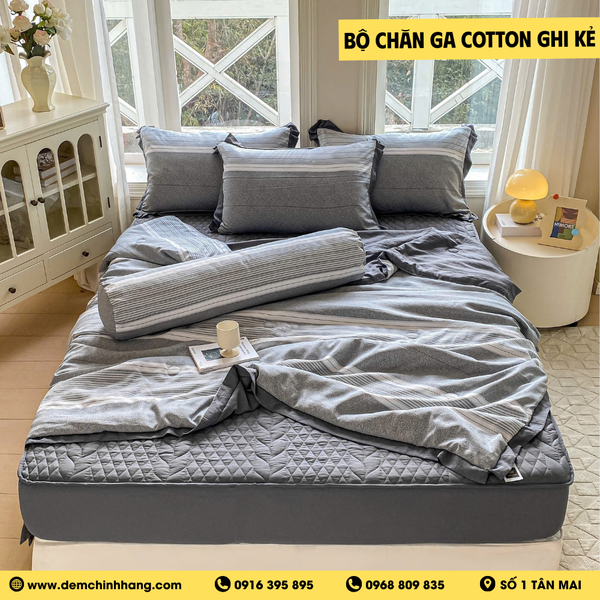 Bộ Chăn Ga Cotton Ghi Kẻ