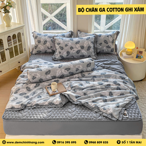Bộ Chăn Ga Cotton Ghi Xám