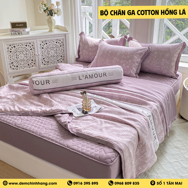 Bộ Chăn Ga Cotton Hồng Lá