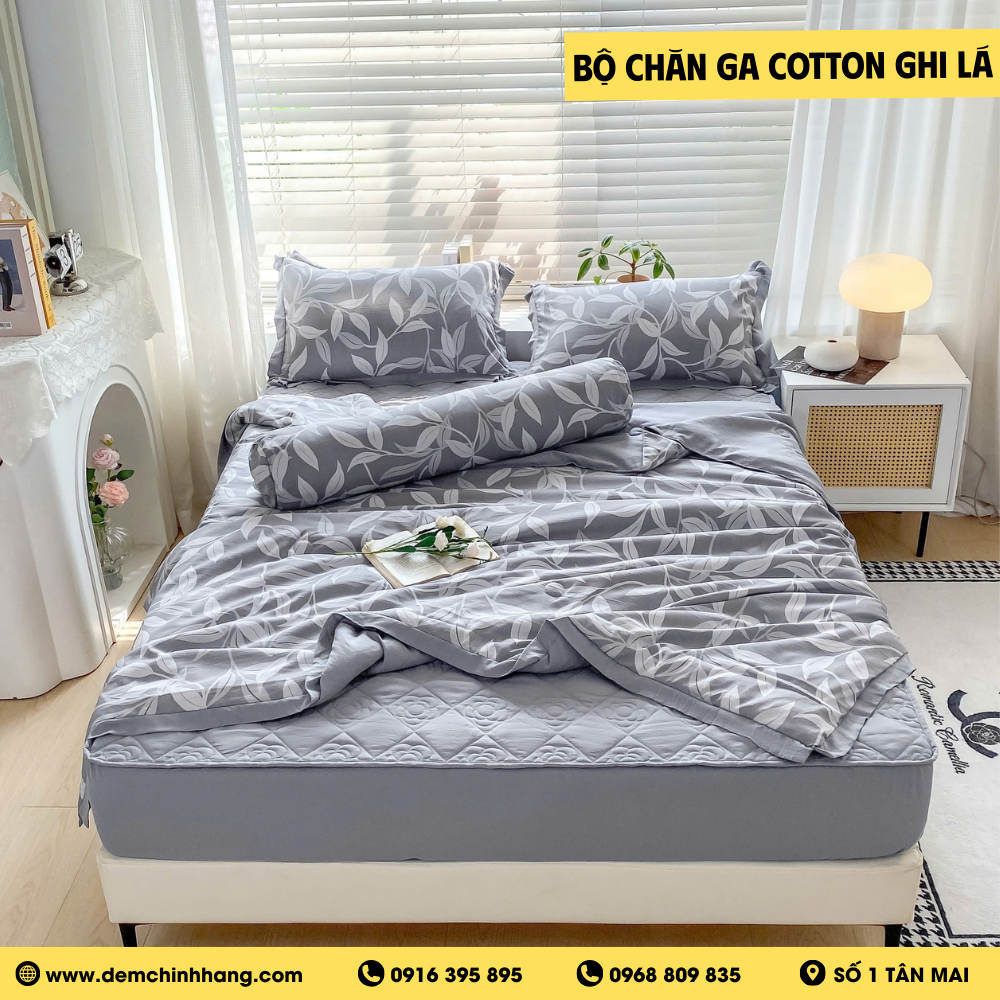 Bộ Chăn Ga Cotton Ghi Lá
