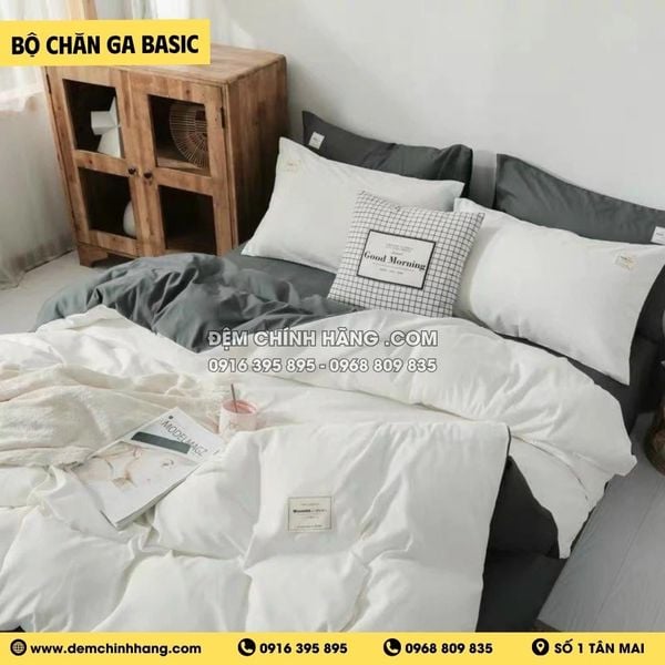 Bộ Chăn Ga Cotton Đũi Trắng Xám