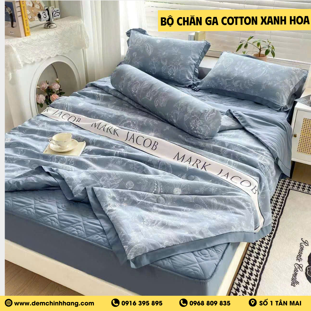 Bộ Chăn Ga Cotton Xanh Hoa