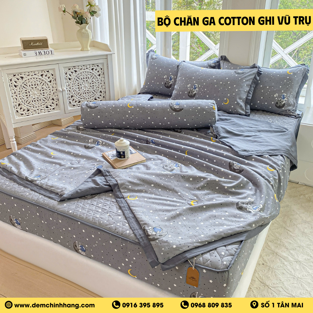 Bộ Chăn Ga Cotton Ghi Vũ Trụ