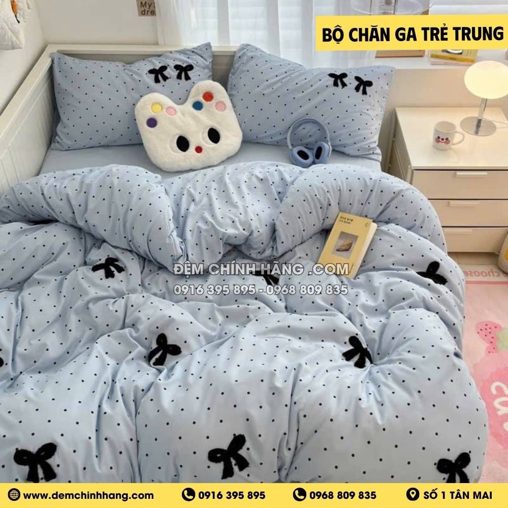 Bộ Chăn Ga Nơ Xanh Chấm Bi