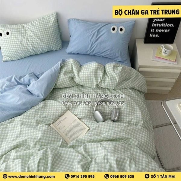 Bộ Chăn Ga Xanh Bạc Hà Caro