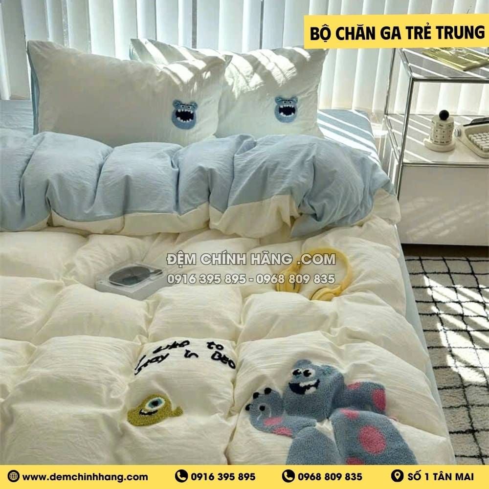 Bộ Chăn Ga Monster Xanh Kem