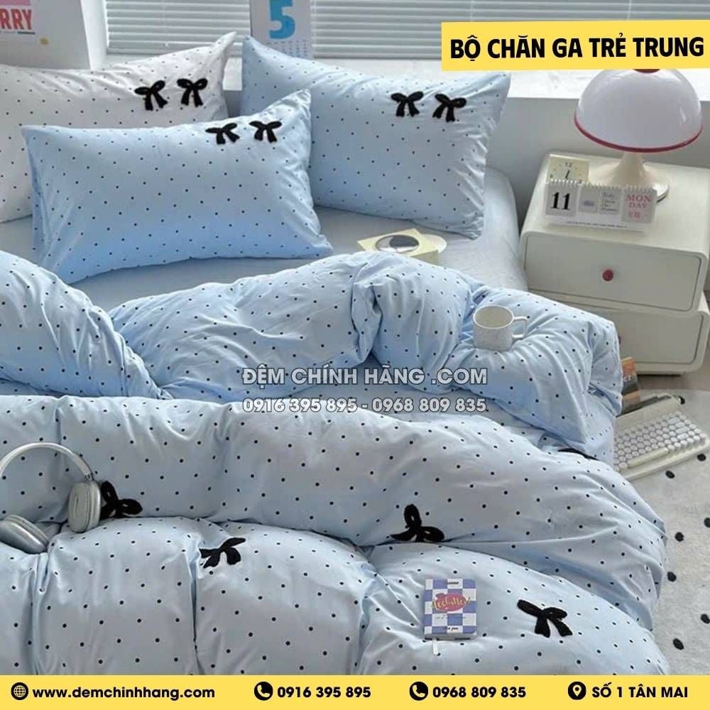 Bộ Chăn Ga Nơ Xanh Da Trời Nhạt