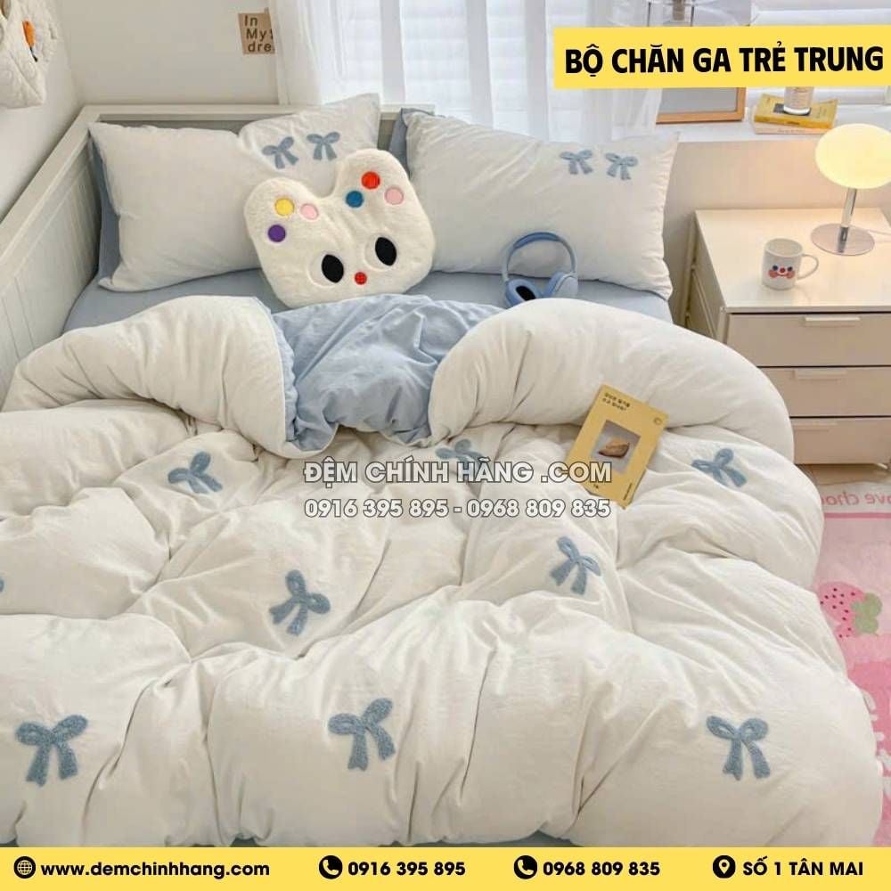 Bộ Chăn Ga Nơ Trắng