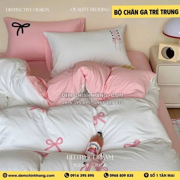 Bộ Chăn Ga Nơ Hồng Pastel và Trắng