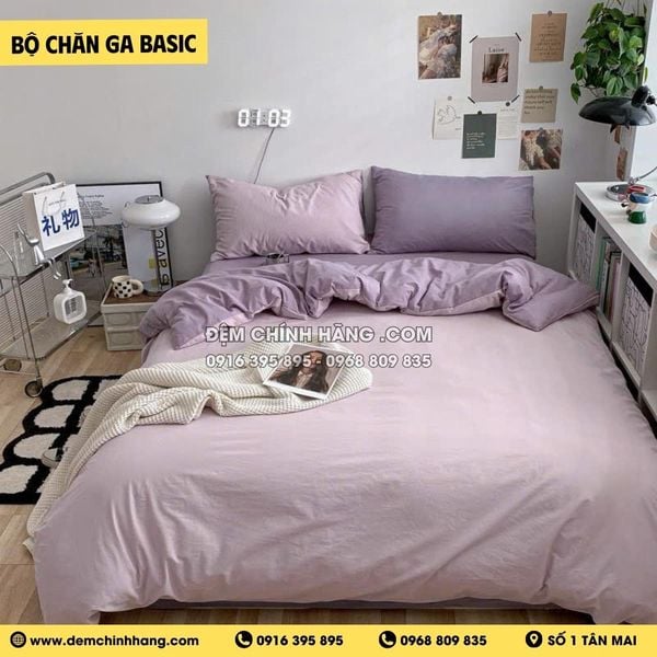 Bộ Chăn Ga Cotton Đũi Tím Pastel