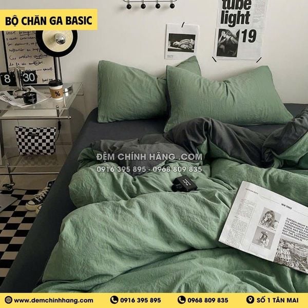 Bộ Chăn Ga Cotton Đũi Xanh Lá - Xám
