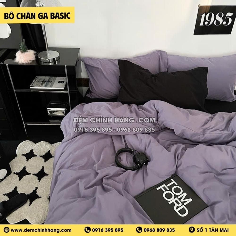 Bộ Chăn Ga Cotton Đũi Tím Đen