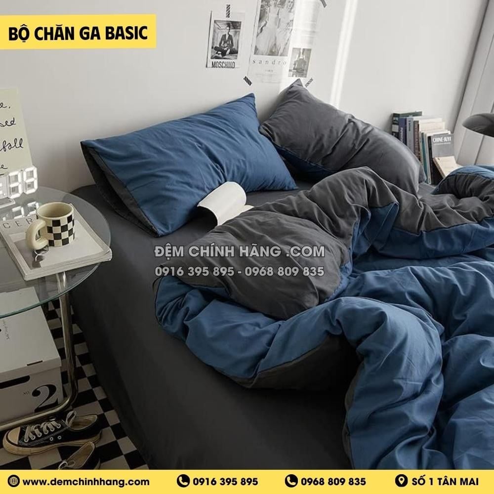 Bộ Chăn Ga Cotton Đũi Xanh Vavy Xám