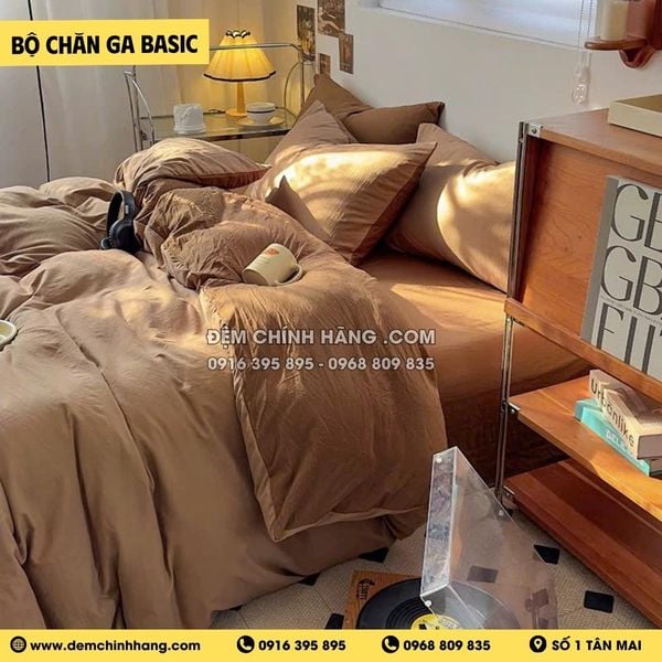 Bộ Chăn Ga Cotton Đũi Nâu Cafe