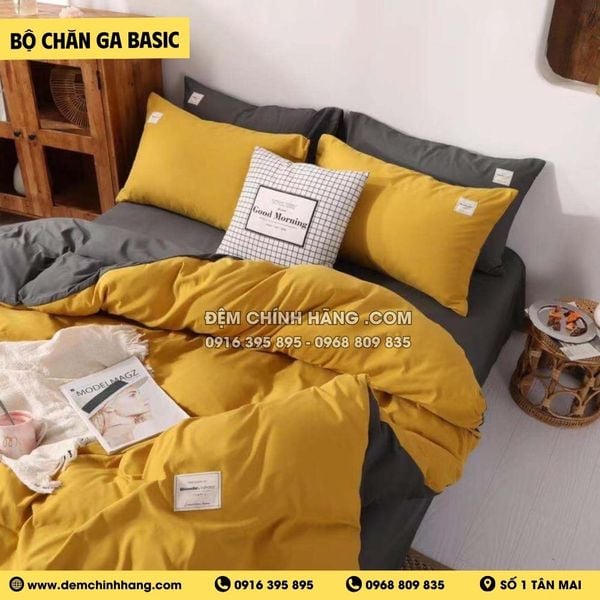 Bộ Chăn Ga Cotton Đũi Vàng Xám
