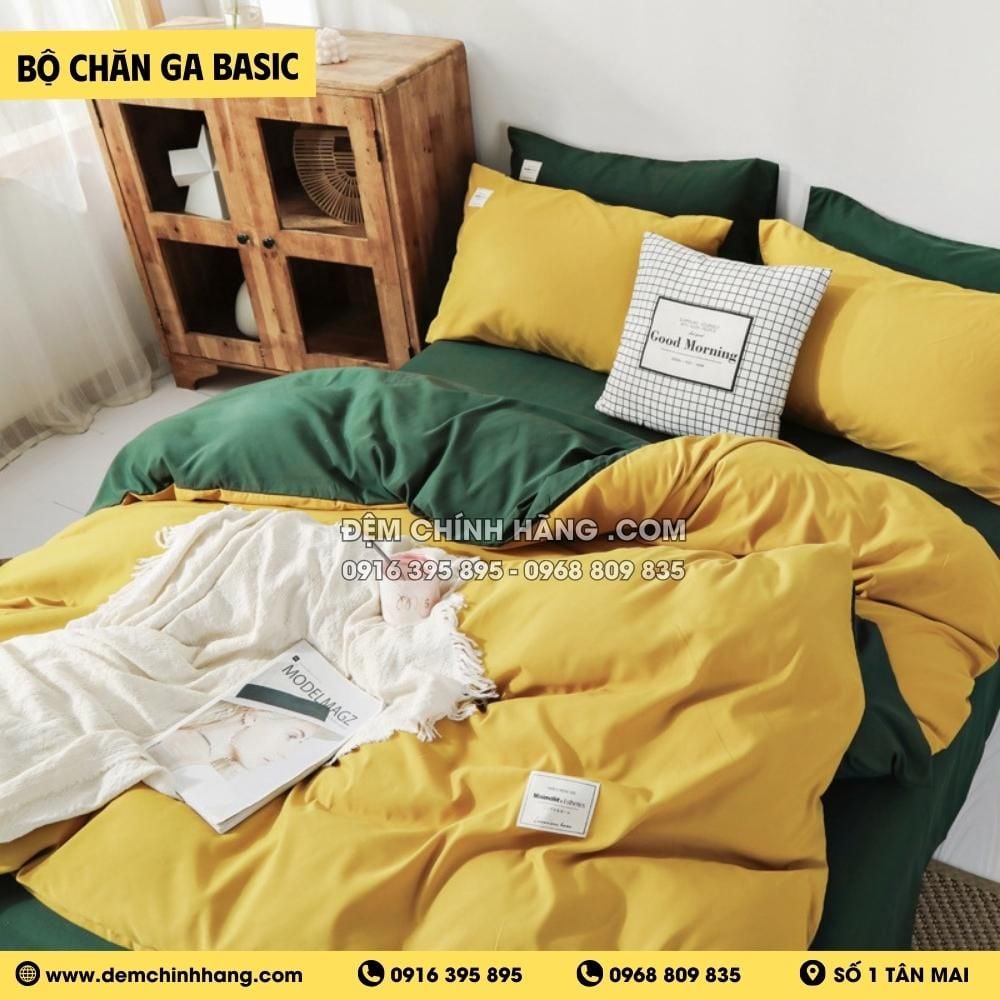 Bộ Chăn Ga Cotton Đũi Vàng Xanh Lá