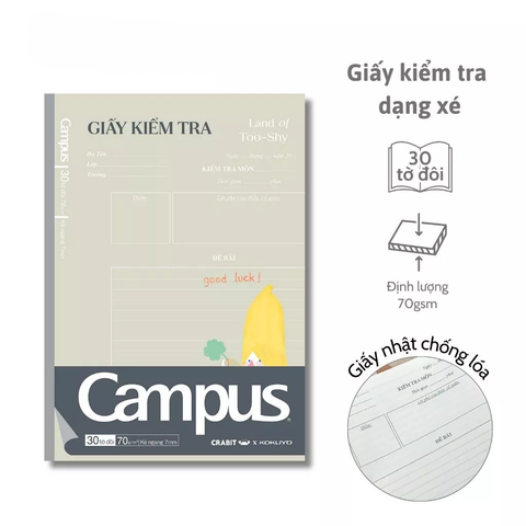 Giấy kiểm tra Campus không chấm dạng vở TPN-B5D30LTS-01 (Bìa Xanh) - Dòng kẻ ngang, 30 tờ đôi - Định lượng 70gsm, giấy vàng chống lóa