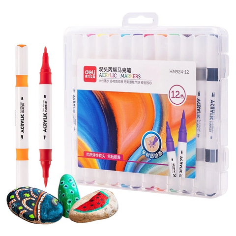 [GIẢM SỐC] Bút sơn Acrylic Marker 2 đầu 12 màu Deli HM924-12 - Chống nước vẽ trên mọi chất liệu