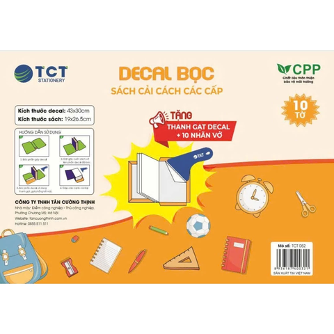 [TẶNG THANH GẠT+10 NHÃN VỞ] Tập 10 tờ Decal bọc sách vở size 43x30cm TCT052-Bọc cho sách vở có kích thước 19x26.5cm
