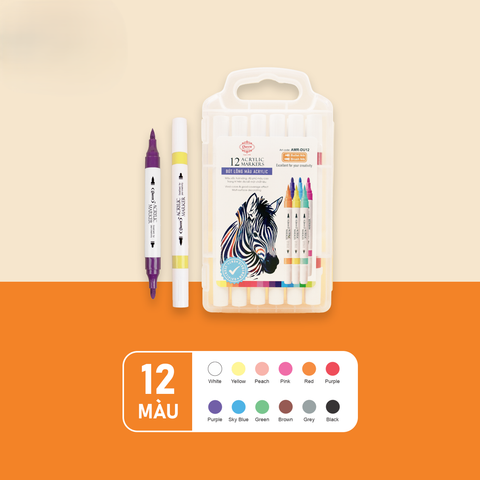 Bút lông màu 12 màu Acrylic Queen AMT-DU12  - 2 Đầu Ngòi (Đầu tròn và đầu lông mềm), Chống nước vẽ trên nhiều bề mặt