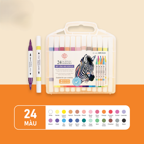 Bút lông màu 24 màu Acrylic Queen AMT-DU24  - 2 Đầu Ngòi (Đầu tròn và đầu lông mềm), Chống nước vẽ trên nhiều bề mặt