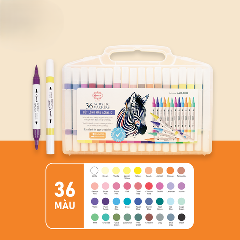 Bút lông màu 36 màu Acrylic Queen AMT-DU36  - 2 Đầu Ngòi (Đầu tròn và đầu lông mềm), Chống nước vẽ trên nhiều bề mặt