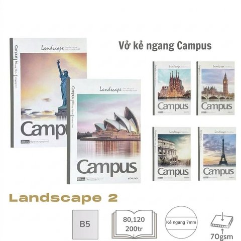Lốc 10 Vở kẻ ngang Campus Landscape 80 Trang - Tặng 1 bút bi