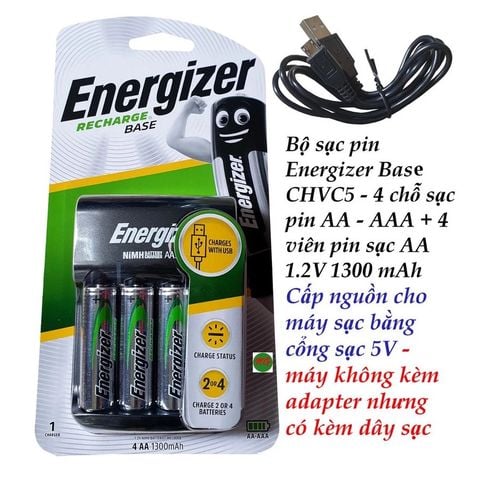[Chính Hãng] Máy sạc pin ENERGIZER CHVC5 Kèm 4 pin AA 1300mAh - Sạc cho pin AA và AAA - (Nhập Khẩu Độc Quyền Bởi DKSH Việt Nam)