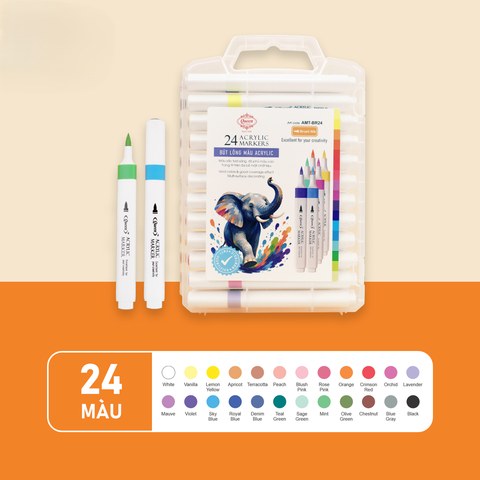Bút lông màu 24 màu Acrylic Queen AMT-BR24 - 1 đầu brush (lông mềm), Chống nước vẽ trên nhiều bề mặt