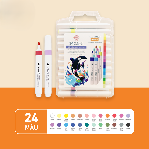 Bút lông màu 24 màu ACRYLIC QUEEN AMT-BL24 - 1 đầu ngòi bullet (tròn), Chống nước vẽ trên nhiều bề mặt