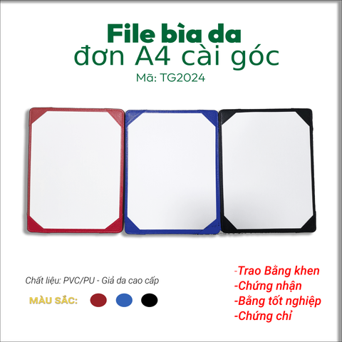 [MẪU MỚI 2025] File Bìa Da Đơn A4 Cài Góc TG2024 - Kích thước: 31x22cm - Sử dụng trong Hội Nghị, Trao Giải/Chứng Nhận/Chứng Chỉ/Bằng Khen/Bằng Tốt Nghiệp