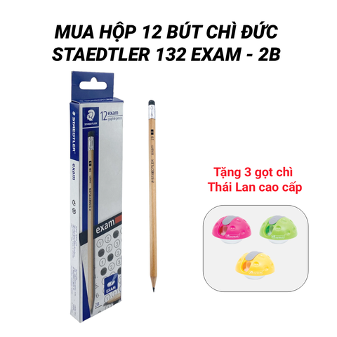 [MUA 12 TẶNG 3 GỌT CHÌ THÁI] Hộp 12 bút chì STAEDTLER EXAM 132 40 - Độ cứng 2B, có tẩy, thân mộc