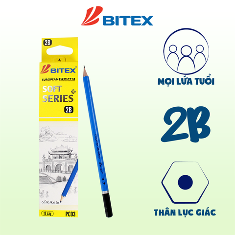 [5 TẶNG 2 CÙNG LOẠI] Bút Chì Gỗ 2B Bitex Soft Series Plus PC03 - Nhúng Đầu, EN71-3