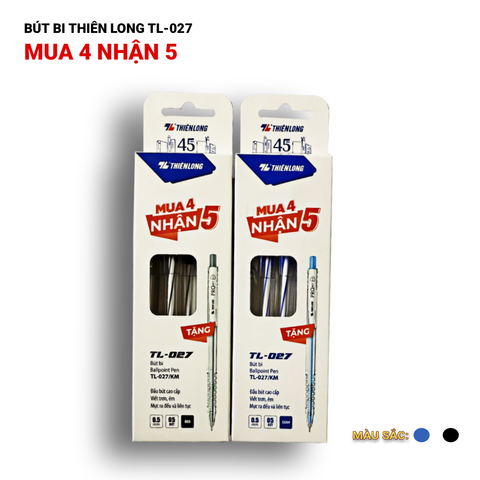 [CHÍNH HÃNG-MUA 4 NHẬN 5] Combo Bút bi Thiên Long TL-027 nét 0.5mm - Mực Xanh, đen