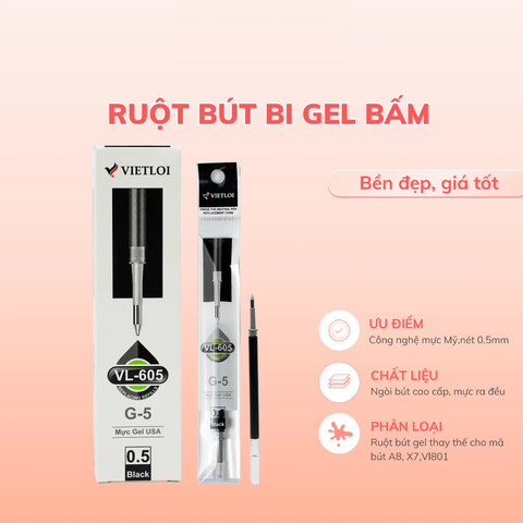 Ruột bút gel Việt Lợi VL-605 G5 ngòi 0.5mm - Thay thế cho bút gel X7, A8, K35, R1 ...