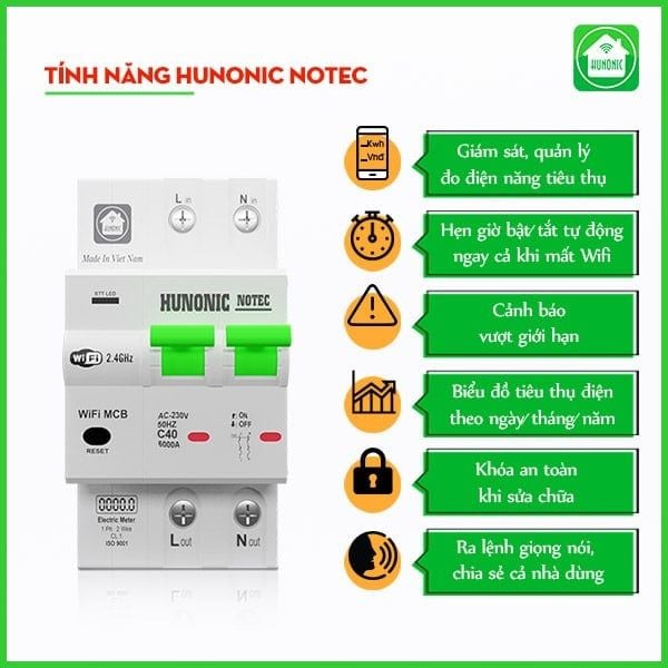 Aptomat Cầu Dao Wifi Thông Minh Đo Năng Lượng Hunonic Notec