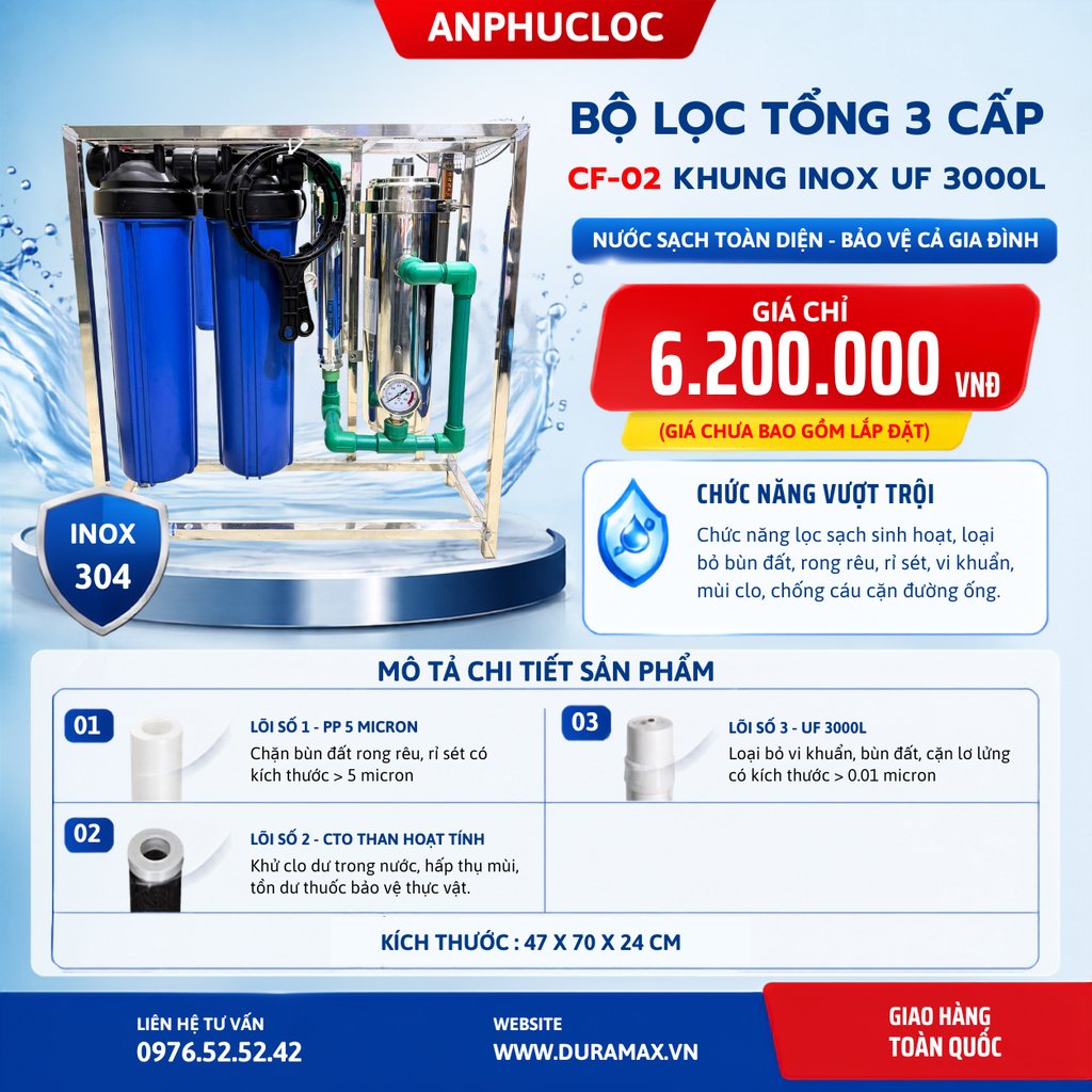 Lọc tổng khung inox 4 cấp UF 5000L Green Life dùng cho nhà phố
