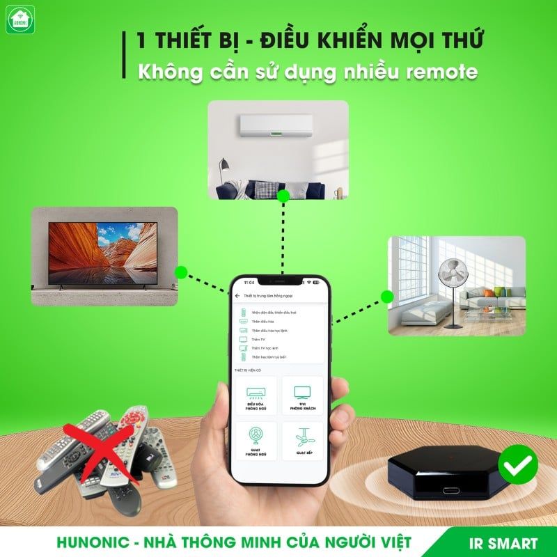 Bộ điều khiển hồng ngoại wifi Hunonic IR Smart, điều khiển Tivi, Điều Hoà qua điện thoại