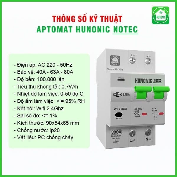 Aptomat Cầu Dao Wifi Thông Minh Đo Năng Lượng Hunonic Notec