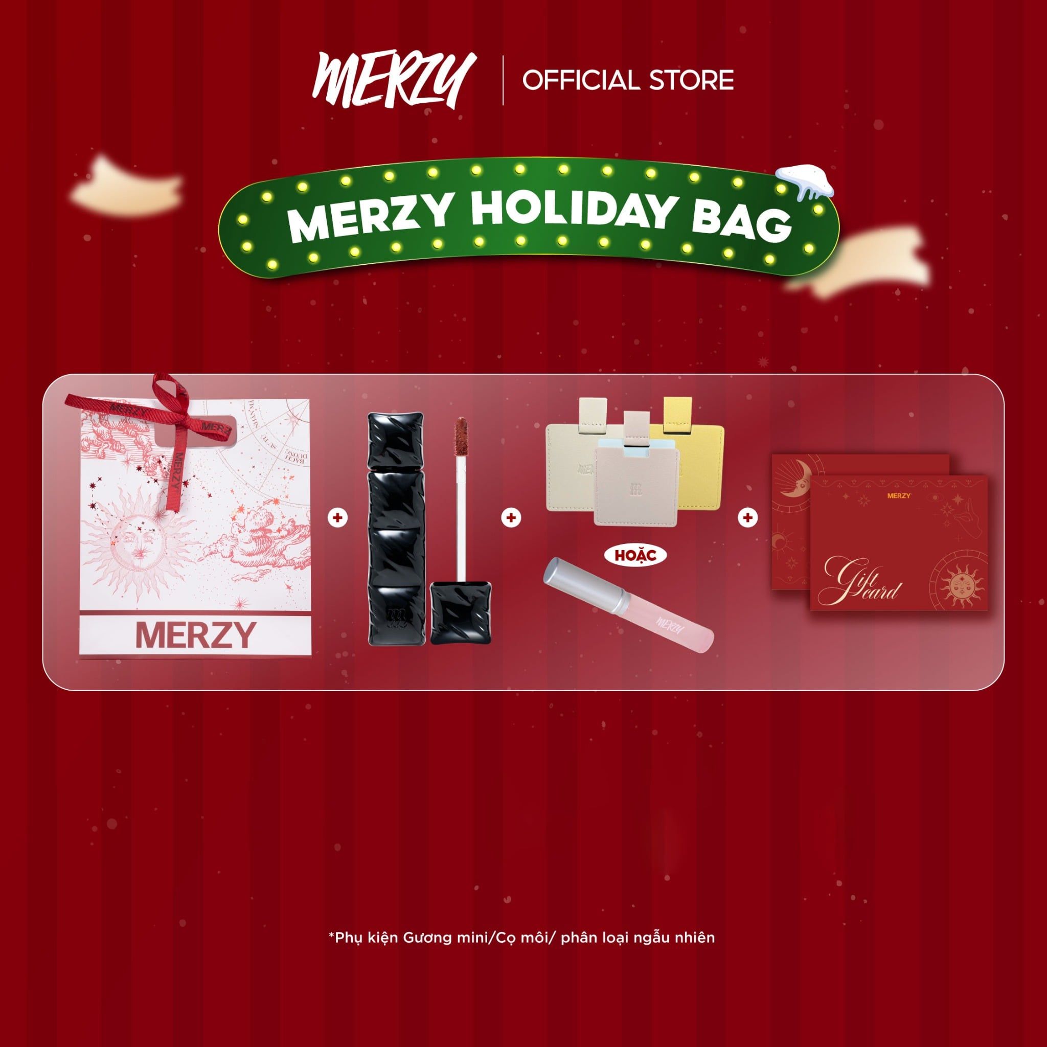 (New) Túi Quà Thần Tài Phiên Bản Nhà Lửa Merzy Holiday’25 Bundle Bag – Red (Phân loại Gương Mini hoặc Cọ môi)