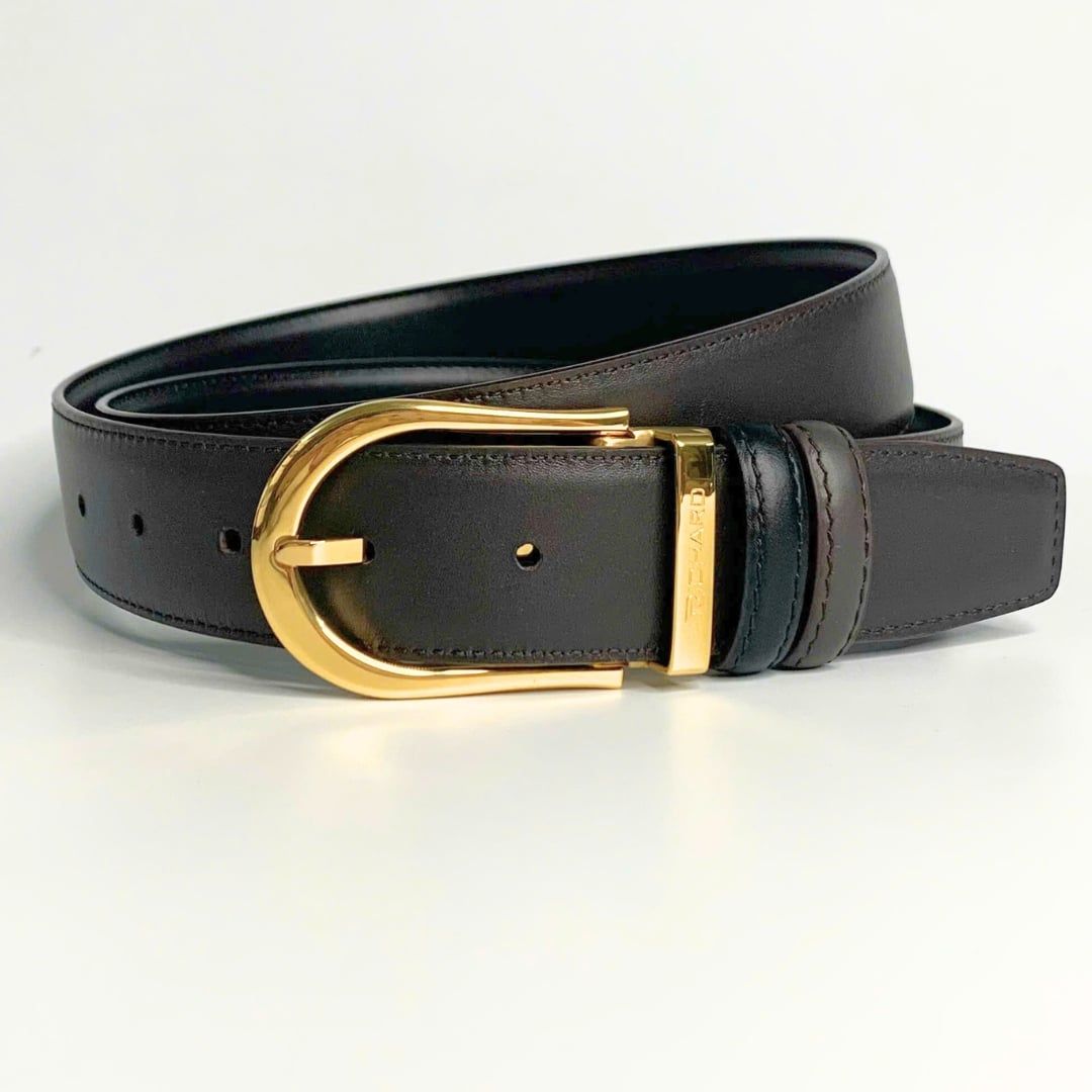 Dây lưng nam da bò nâu đen mịn 3.4 cm mặt khóa thép không gỉ Richard RC057AD