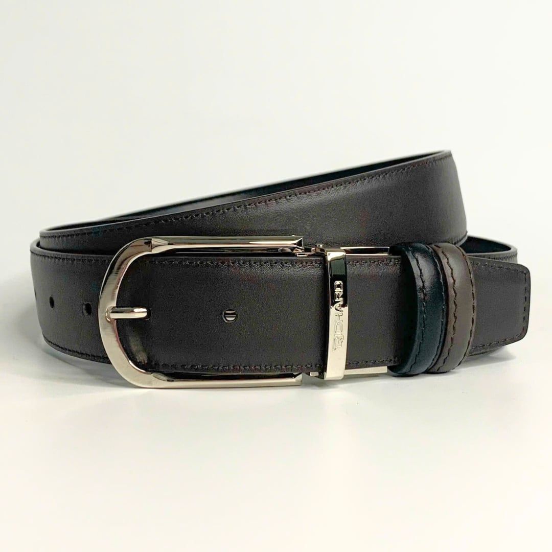 Dây lưng nam da bò nâu đen mịn 3.4 cm khóa kim RC001BD