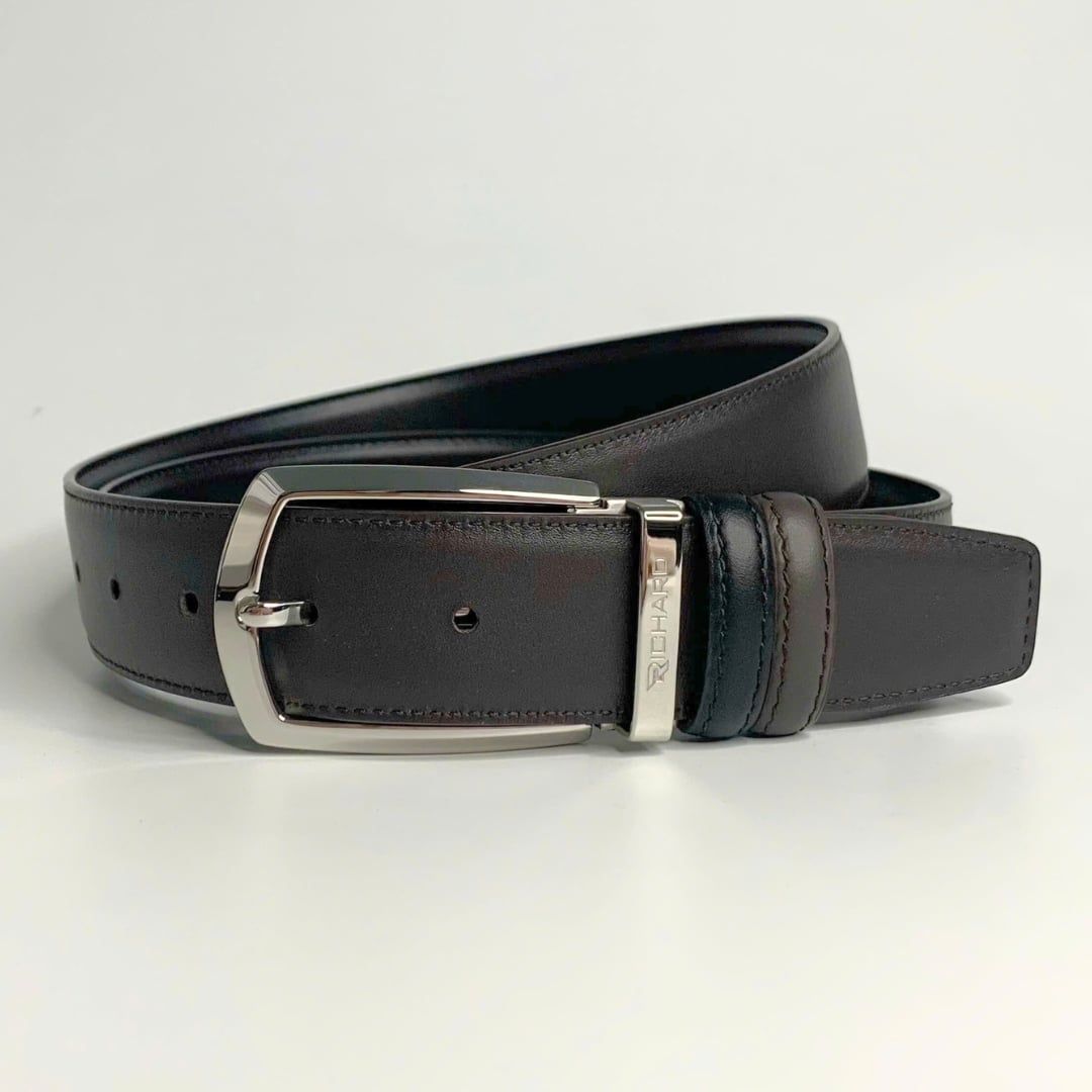 Dây lưng nam da bò nâu đen mịn 3.4 cm mặt khóa thép không gỉ Richard RC063BD